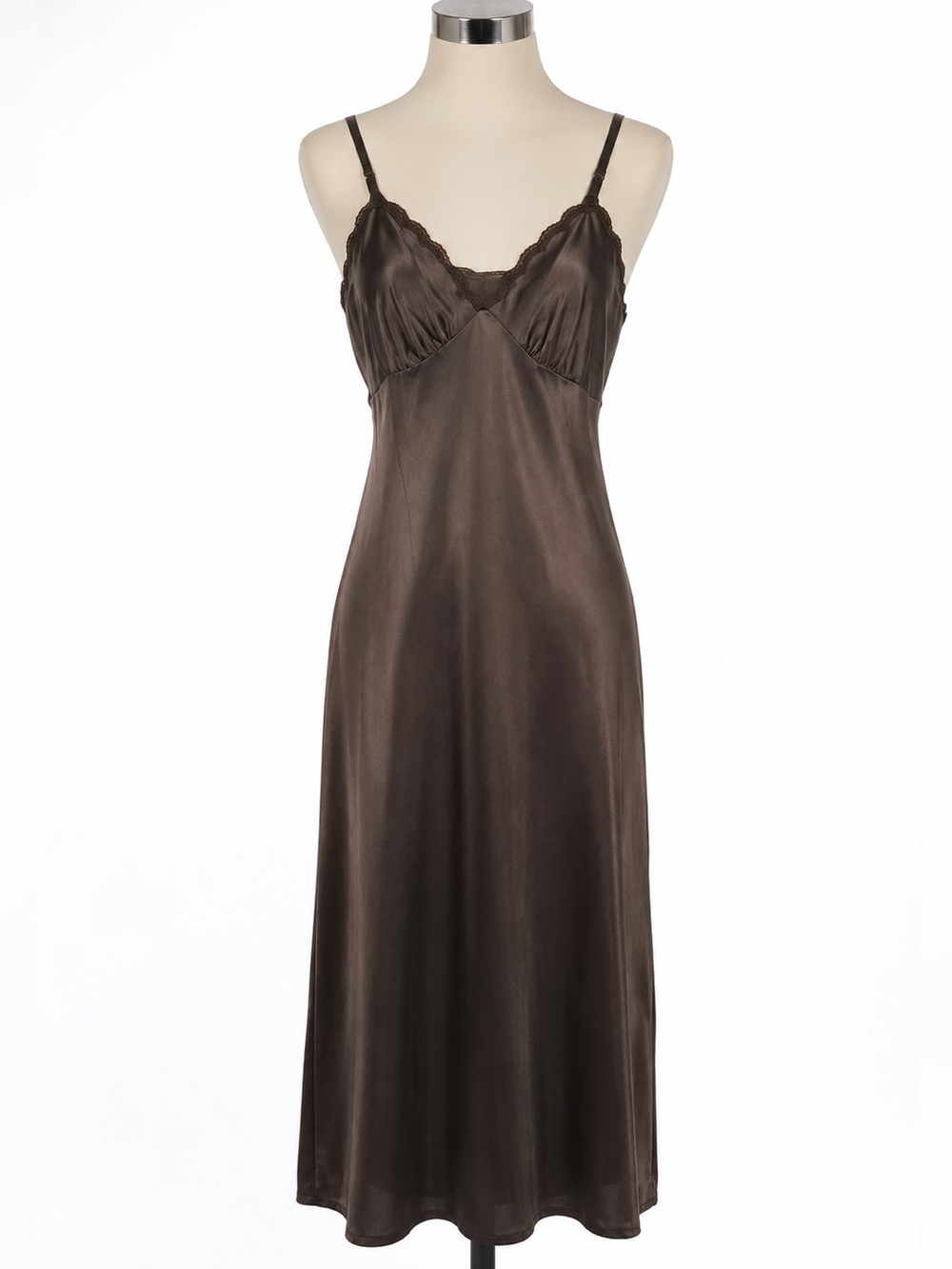 Vintage Shadowline Slip Made in USA dark Brown Satin black Lace Trim Size 36